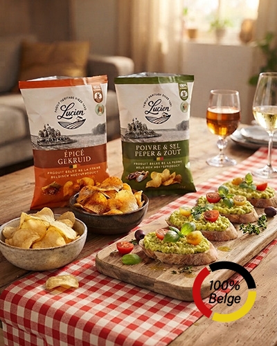Paquets de chips belges Lucien, bols de chips et tartines sur une table à carreaux rouges, avec un logo 